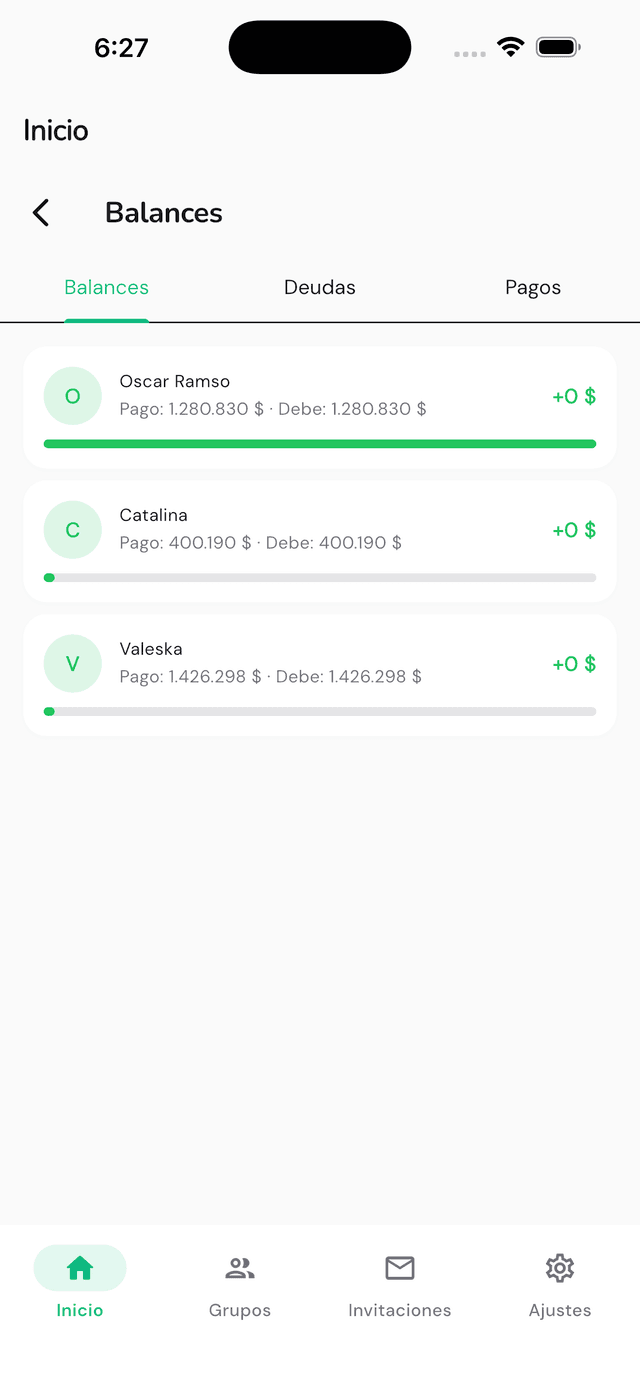 Pantalla de balances en Divee mostrando quién debe cuánto a quién