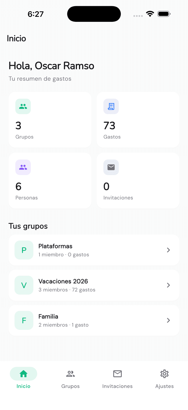 Divee app — Dashboard principal mostrando grupos y balances