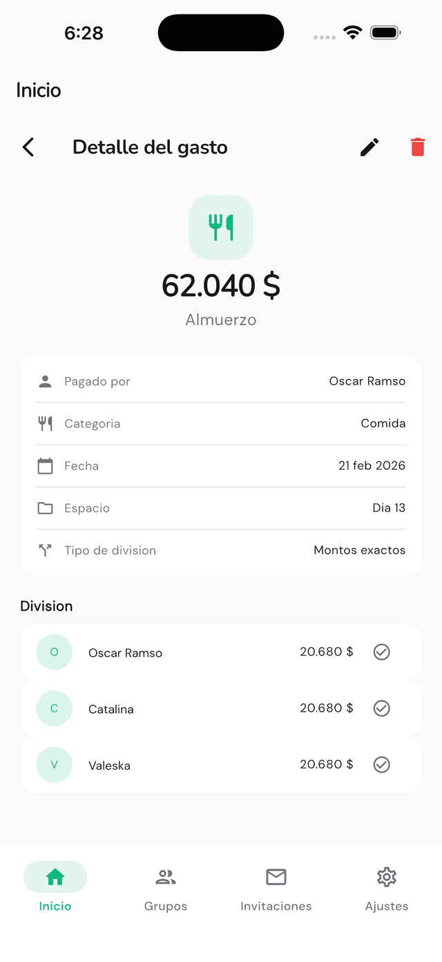 Pantalla de detalle de gasto en Divee mostrando monto y división